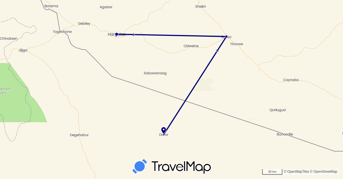 TravelMap itinerary: driving in Ethiopia, Somalia (Africa)